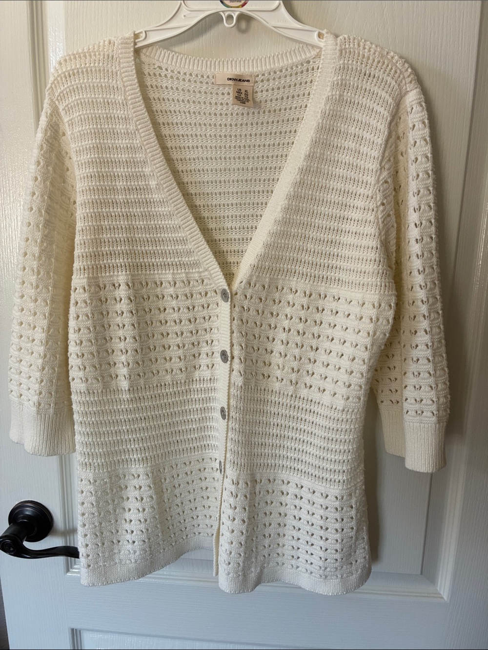 DKNY Ivory Open-Weave Button Front Cardigan